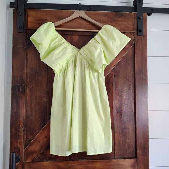 Chartreuse Babydoll Mini Dress V-Neck Flutter Puff Sleeve Women’s Large - Picture 2 of 11